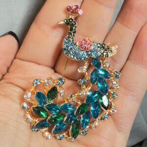 Peacock Brooch Blue Green Rhinestone Gold Tone Openwork Pin 2.75”